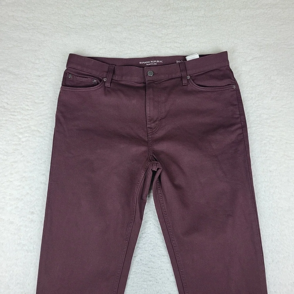 Banana Republic Traveler Pants Mens 34x34 Burgundy Red Slim‎ Performance Chino *